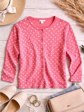 Garnet Hill Polka Dot Cardigan Preppy Coquette Cotton Pink Sweater Medium B96